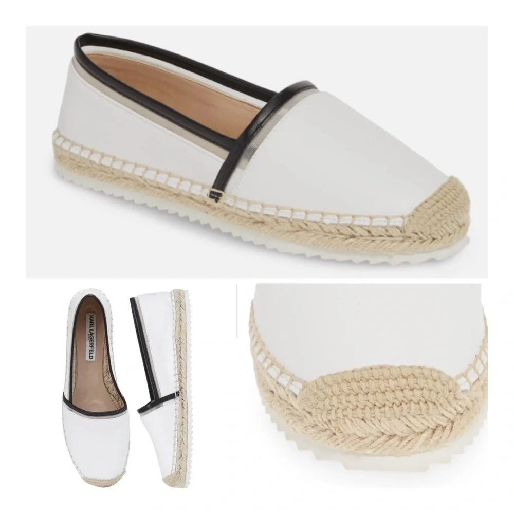 KARL LAGERFELD PARIS Alaine White/Black Nappa Leather Espadrilles